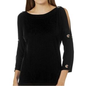 Cable & Gage Dressy Black knit top, rhinestones, peek-a-boo sleeves,Spring